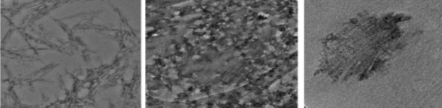 TEM micrograph (a) Cellulose nanocrystals (b) CaCl2 salt particles (c) Combined CNC and CaCl2 particles showing complex  tangled network (dark spots show some agglomeration).