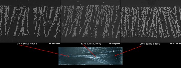 Figure 1:  Freeze tape cast laterally graded membranes from 10 to 20 volume % solids loading as seen through cross-section SEM micrographs and backlight green cast tape (bottom).